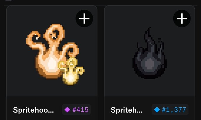 The image shows two digital collectibles: "Spritehoo…" valued at #415 and "Spriteh…" valued at #1,377, which the user received as airdrops and is excitedly sharing. The pixel-art sprites depict a fiery orange spirit creature and a dark flame, aligning with the celebratory "Lfg" (let's go) tone of the post.