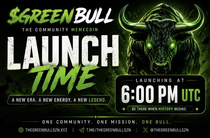 A promotional graphic for '$GREEN BULL - THE COMMUNITY MEMECOIN' announcing a 'LAUNCH TIME' at '6:00 PM UTC', featuring a green bull illustration and social media handles @THEGREENBULLSZN across Telegram, X, and thegreenbullszn.xyz website.