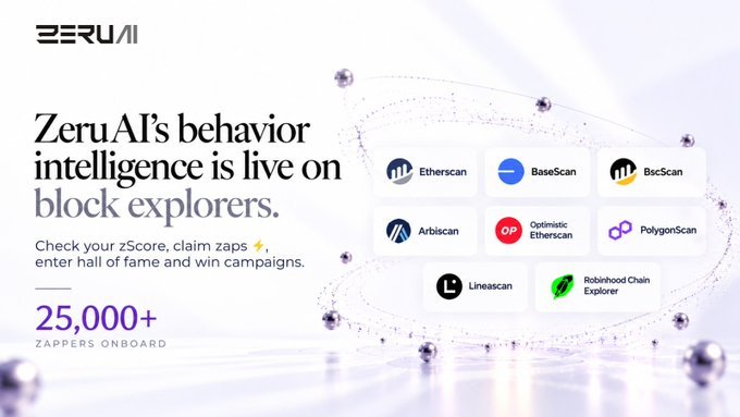 A promotional banner for ZeruAI stating 'ZeruAI's behavior intelligence is live on block explorers' and showing logos for Etherscan, BaseScan, BscScan, Arbiscan, Optimistic Etherscan, PolygonScan, Linescan, and Robinhood Chain Explorer.