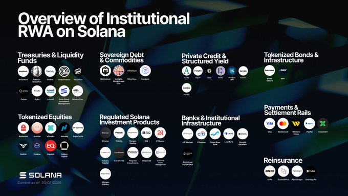 Infographic titled 'Overview of Institutional RWA on Solana' categorizing various companies across Treasuries, Sovereign Debt, Tokenized Bonds, Tokenized Equities, Investment Products, Banks, Payments, and Reinsurance.