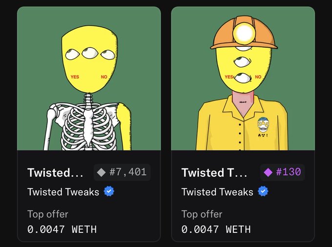 Two NFT listings on a marketplace interface, both titled 'Twisted Tweaks' by Twisted Tweaks with top offers of 0.0047 WETH. The left features a skeleton with a yellow face, and the right shows a yellow figure in a hard hat.