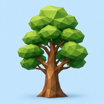A low-poly 3D rendered tree composed of faceted green foliage clusters and a brown geometric trunk against a solid light blue background. The image serves as a visual example of how an AI-generated image output can be transformed into an interactive 3D Three.js object efficiently.