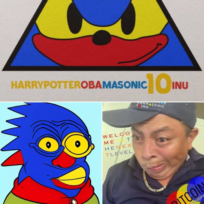 A collage featuring a cartoon character and a man wearing a cap with the text 'HARRYPOTTEROBAMASONIC10INU' and 'BITCOIN' visible, referencing the viral internet meme.