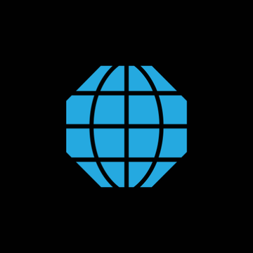 A stylized blue globe icon made of a grid pattern is displayed against a black background.