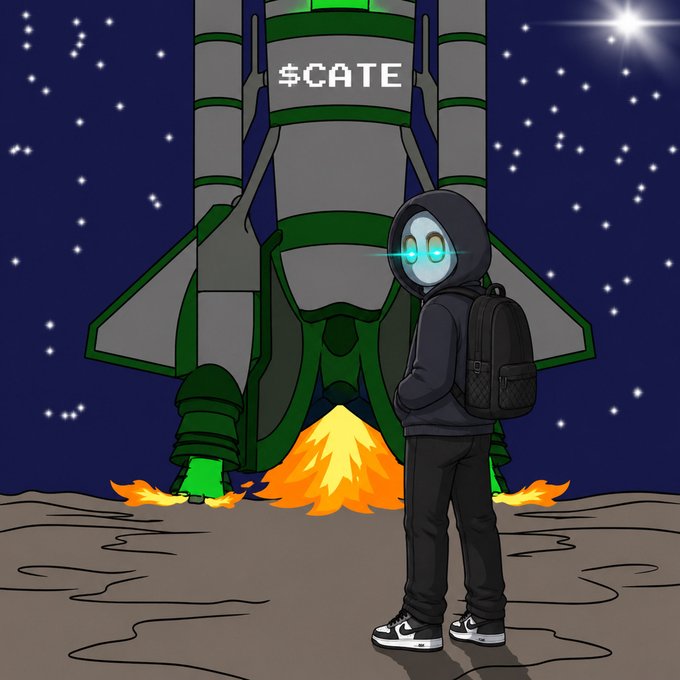 A hooded figure with glowing blue eyes stands on a lunar surface beside a launching rocket labeled "$CATE" with flames at its base, set against a starry night sky. The image serves as promotional artwork for the $CATE giveaway contest mentioned in the tweet.