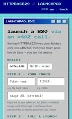 A blurry screenshot of a cryptocurrency launchpad webpage, with headers reading "HTTPS://BASE2.0/LAUNCHPAD" and a title "Launch a B20 token" featuring input fields for username, email, token name, ticker, and image URL.