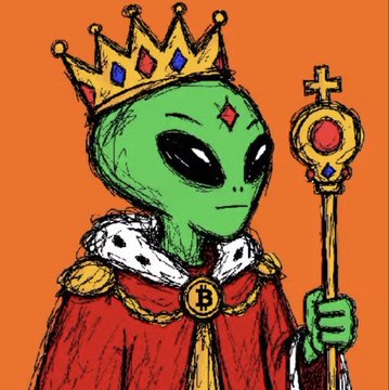 A humorous illustration of a green alien wearing a gold crown, a red royal cape with ermine trim, holding a scepter topped with a red gem, and wearing a Bitcoin medallion against an orange background.