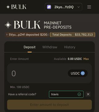 A screenshot of the BULK Mainnet Pre-Deposits interface showing a deposit page for USDC with total deposits of $33,782,313, a recent deposit of $200 from 5Yyu...pZhF, and a referral code field containing 'travis'.