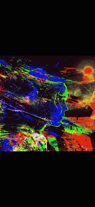 An abstract, highly colorful artistic image with splashes of neon green, blue, red, and orange paint against a dark background, depicting a face profile in the center.