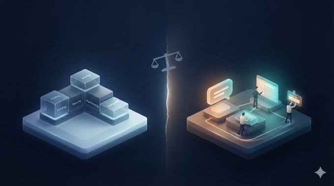 A conceptual illustration shows traditional legal/court systems on the left and modern digital technology solutions on the right, separated by a justice scale and a lightning bolt.