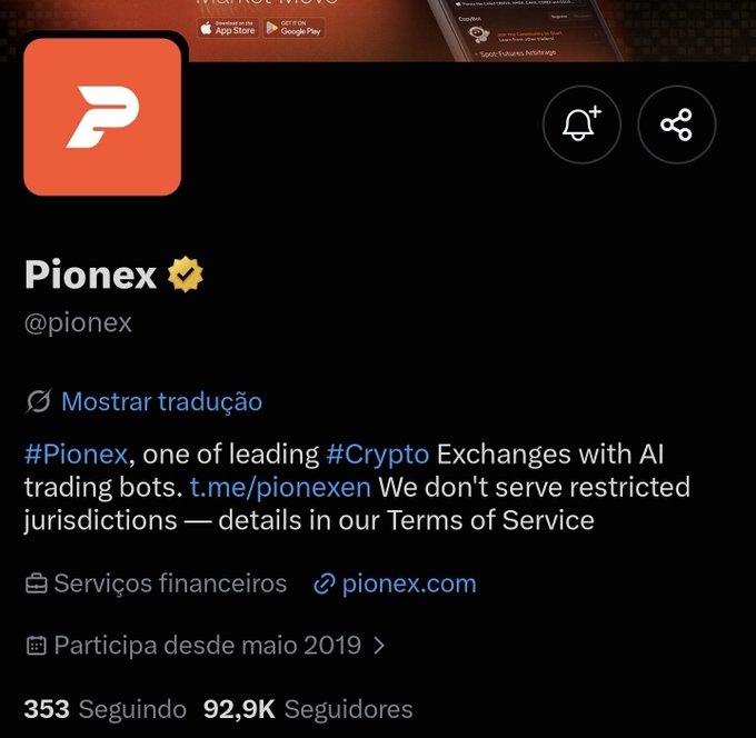 A Twitter/X profile page for Pionex, described as 'one of leading Crypto Exchanges with AI trading bots,' with 92.9K followers.