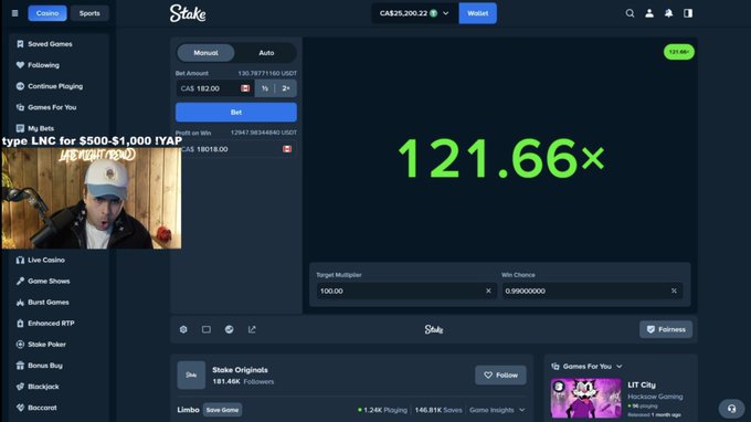 A Stake.com betting interface showing a 121.66x multiplier for a $182 bet, with a streamer in a small picture-in-picture window.