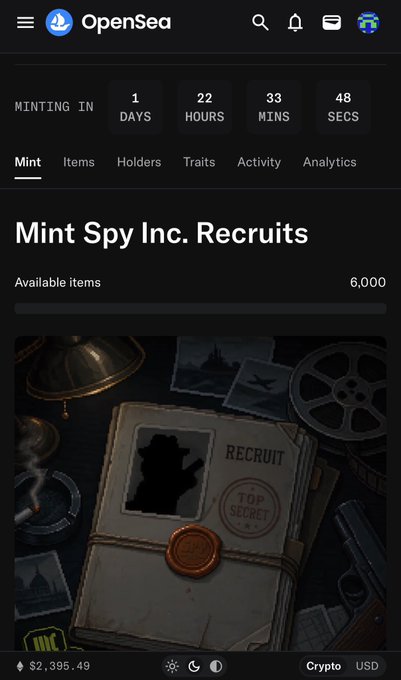 A screenshot of the OpenSea NFT marketplace displaying a "Mint Spy Inc. Recruits" collection page with 6,000 available items, a countdown timer showing 1 day, 22 hours, 33 minutes, and 48 seconds until minting, and a listing price of approximately $2,395.49 in ETH. The image supports the post by showcasing the official minting page for Spy Inc. Games, a GameFi project on Robinhood, illustrating where players can begin their journey with "Recon" to earn Intel and Schematics.