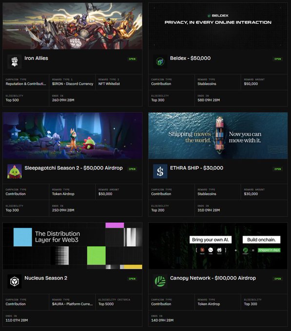 Screenshot of a cryptocurrency airdrop platform showing various campaigns including Iron Allies, Beldex, Sleepagotchi Season 2, ETHRA SHIP, Nucleus Season 2, and Canopy Network with their respective reward amounts.