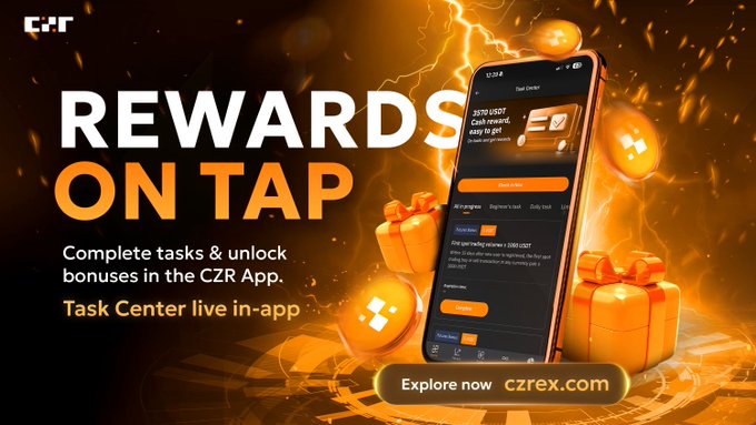 CZR App advertisement reading 'REWARDS ON TAP – Complete tasks & unlock bonuses in the CZR App. Task Center live in-app' with a phone mockup and gift boxes, directing users to czrex.com.