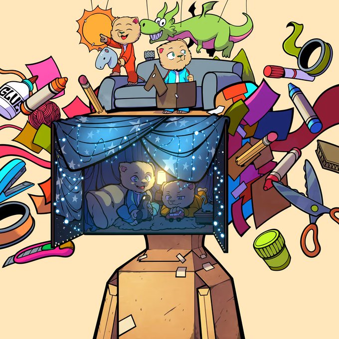 A colorful cartoon illustration featuring two small bear-like creatures building a fort out of a cardboard box, surrounded by floating art supplies like crayons, markers, glue, scissors, and a green dragon puppet.