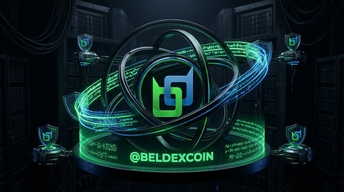 A futuristic promotional graphic for @BELDEXCOIN featuring its green and blue logo surrounded by glowing rings with mathematical equations, set in a dark tech-themed environment with shield icons.