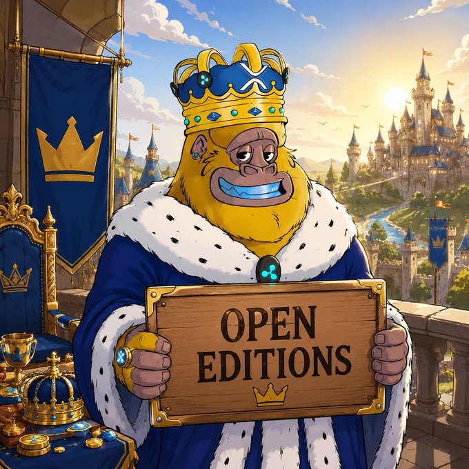 A cartoon illustration of a smiling monkey king wearing a gold crown and ermine-trimmed blue robe, holding a wooden sign that reads 'OPEN EDITIONS' against a backdrop of a majestic castle and banners.