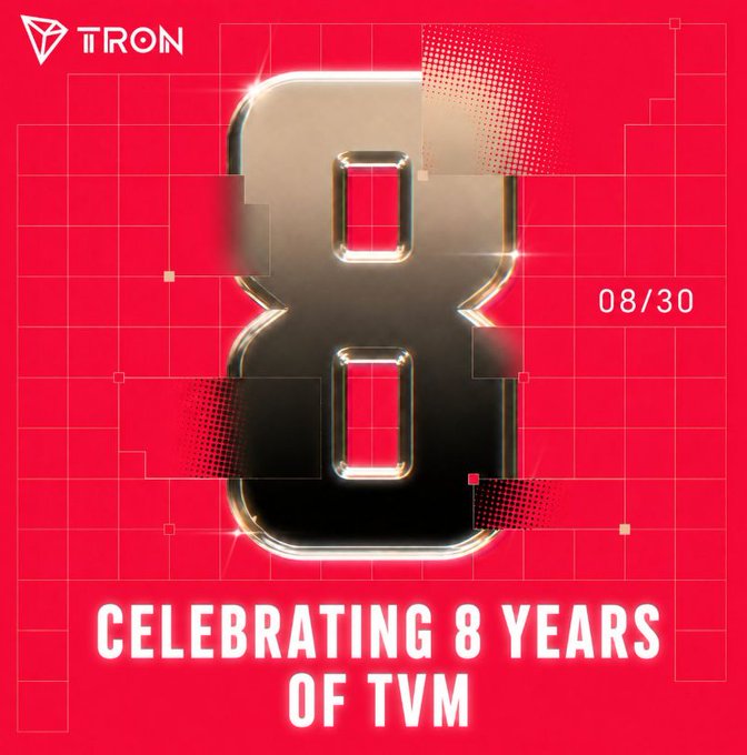 A promotional graphic from Tron celebrating 8 years of TVM (TVM), featuring a large gold '8' on a red background with the date 08/30.