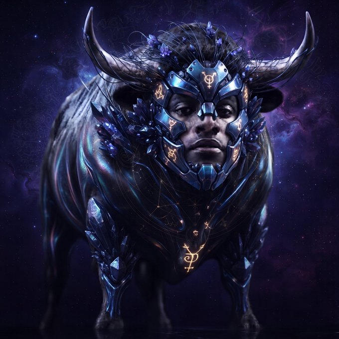 A fantasy digital artwork of a bull with a human face, adorned in dark armor with glowing orange runes and crystalline horns, set against a purple cosmic background.