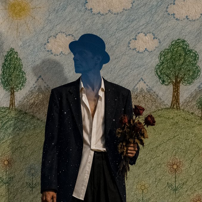 An artistic portrait of a man in a black suit jacket with a starry pattern and a white shirt, holding dark red roses; his face is obscured in shadow against a hand-drawn background of trees, clouds, and a sun.