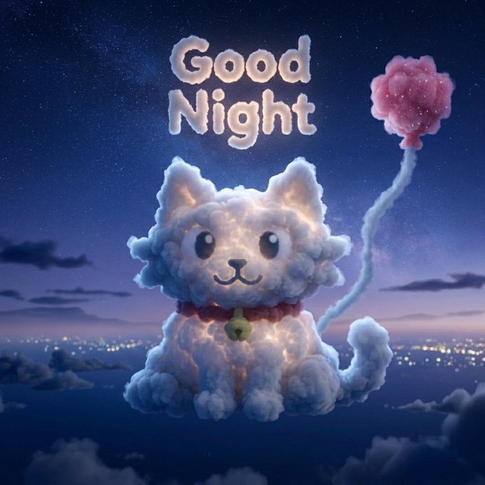 A digital illustration of a white, fluffy cat made of clouds, wearing a bell collar, sitting against a night sky with city lights below. The text 'Good Night' appears above in cloud-like letters.