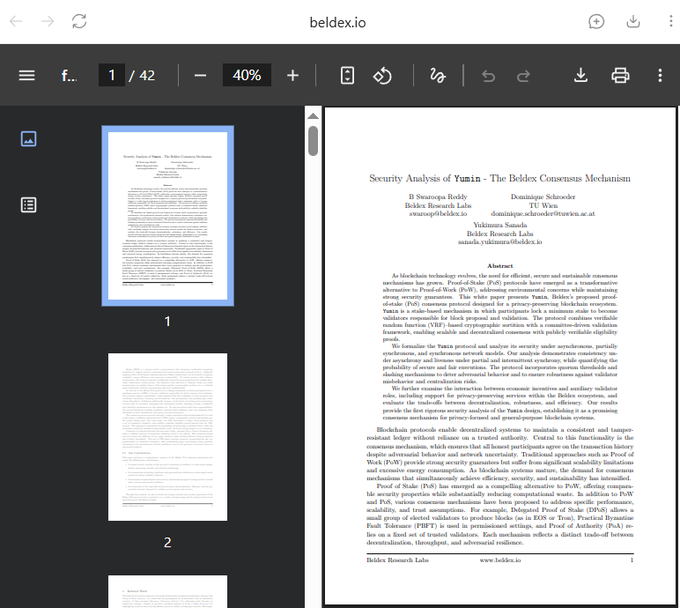 A PDF viewer displays page 1 of 42 of an academic paper titled 'Security Analysis of Yumin – The Beldex Consensus Mechanism' by Beldex Research Labs, visible at beldex.io.