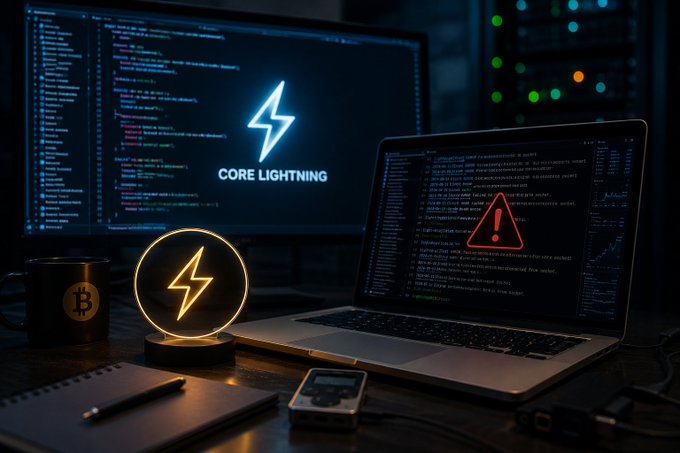 A dark workspace features a monitor displaying the 'CORE LIGHTNING' logo, a laptop showing code with a red warning triangle, a Bitcoin mug, and a glowing lightning bolt lamp.