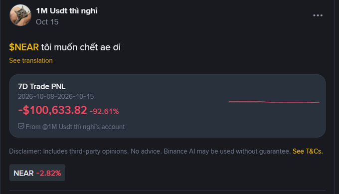 Screenshot of a social media post by user '1M Usdt thị nghị' complaining about $NEAR losses, showing a 7D Trade PNL of -$100,633.82 (-92.61%) and the token down -2.82%.