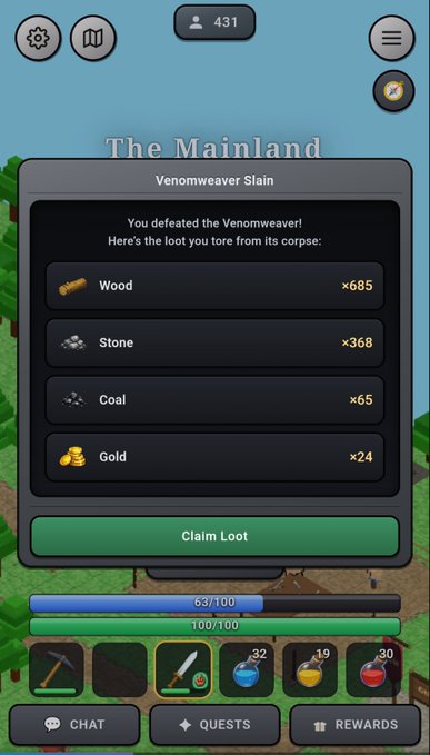 Mobile game screenshot from 'The Mainland' showing a 'Venomweaver Slain' loot screen with rewards: Wood x685, Stone x368, Coal x65, and Gold x24, with a 'Claim Loot' button visible.
