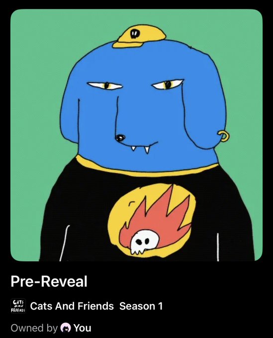 A digital NFT artwork titled "Pre-Reveal" from "Cats And Friends Season 1" showing a blue cat-dog character wearing a yellow cap and a black shirt with a skull and flame emblem.