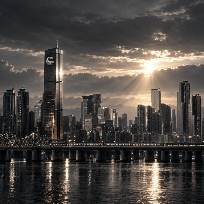A dramatic, dark cityscape at sunset features a prominent skyscraper with a circular logo, reflecting on the water below a bridge, with sunbeams piercing through clouds.