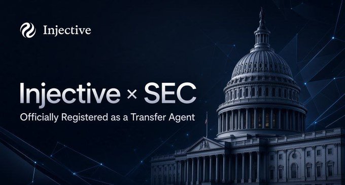 A promotional graphic with the Injective logo announcing 'Injective × SEC - Officially Registered as a Transfer Agent', set against an image of the U.S. Capitol building.