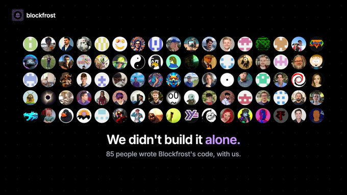 A grid of 85 circular profile pictures and avatars displayed against a black background for Blockfrost, featuring the Blockfrost logo in the top left and the text "We didn't build it alone. 85 people wrote Blockfrost's code, with us." at the bottom, visually representing the team of 85 contributors who helped build the platform as mentioned in the accompanying post about Blockfrost's Cardano proposal.