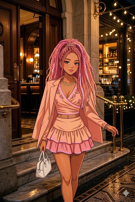The image features a woman with long hair wearing a pink dress and carrying a white purse as she walks down a street at night. The scene includes a bar or restaurant setting, which adds an urban atmosphere to the overall composition of the image.