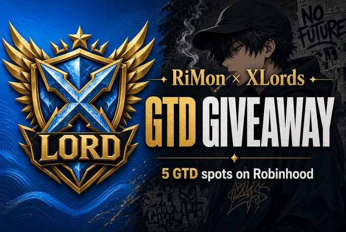 A promotional graphic titled 'RiMon x XLords GTD GIVEAWAY,' featuring a gold and blue 'XLords' logo with wings on the left and an anime-style character in black on the right, with text advertising '5 GTD spots on Robinhood.'