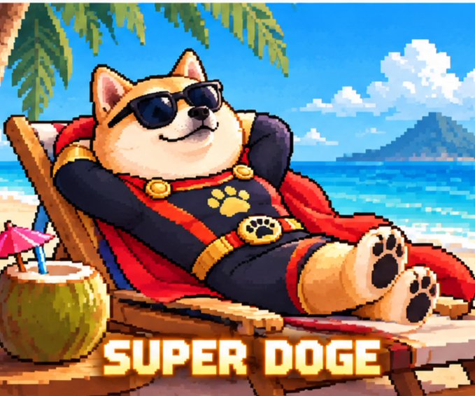 A pixel-art style Shiba Inu wearing sunglasses relaxes on a beach chair with a coconut drink, set against a tropical ocean backdrop with the text "SUPER DOGE" displayed below. The image perfectly matches the $SuperDoge launch announcement, depicting the project's mascot "chilling" to convey that patience pays off before the token release.