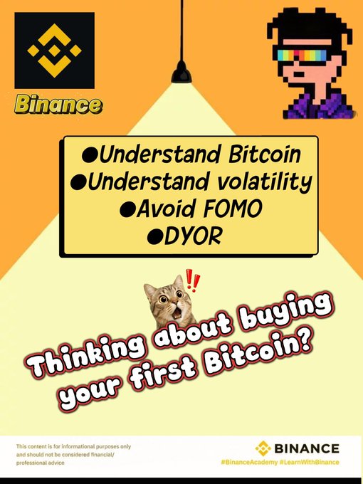 The accompanying post states that before making the first BTC purchase, beginners should understand three key aspects: Bitcoin's limited supply, the option to buy fractions of a Bitcoin, and the potential impact of volatility on investment decisions. The visual elements of the image, with its bright yellow background and cryptic puzzle, underscore the novelty and complexity of Bitcoin as an investment. The cat with a speech bubble expressing surprise at the idea of buying Bitcoin reflects common reactions to entering the cryptocurrency market, emphasizing the need for beginners to be well-informed before diving into this new and potentially volatile investment landscape. The hashtag #BinanceAcademy #LearnWithBinance suggests an educational initiative by Binance, one of the world's leading cryptocurrency exchanges, aimed at guiding new investors through the intricacies of digital assets.