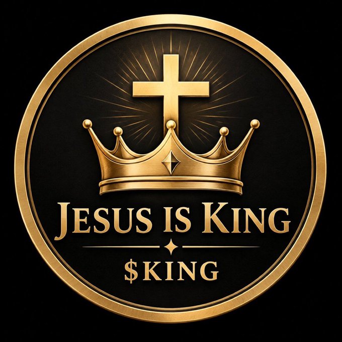 A gold circular emblem features a cross above a royal crown with the text "JESUS IS KING" and "$KING" on a black background, visually reinforcing the post's declaration of Jesus as the ultimate "$KING" in a crypto-themed expression of faith.