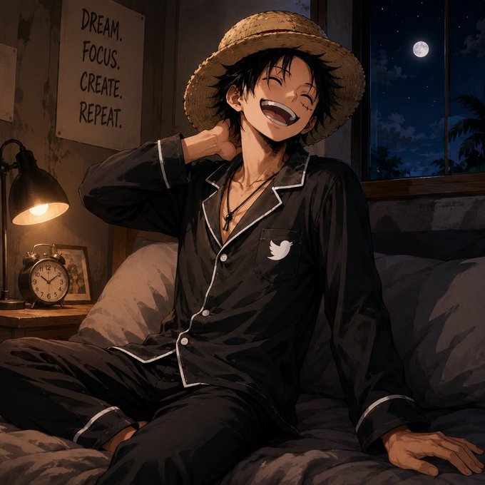 An anime-style illustration of a young man in pajamas laughing joyfully while sitting on a bed, with a poster reading 'DREAM. FOCUS. CREATE. REPEAT.' behind him.