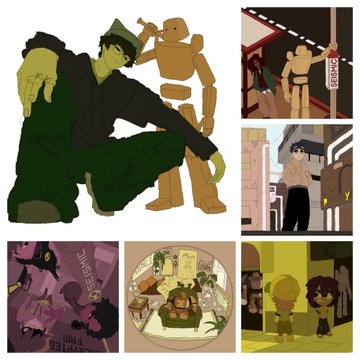A collage of animated illustrations featuring a green-skinned character with a hat, a wooden mannequin/dummy figure, and various scene panels in a stylized, geometric art style.