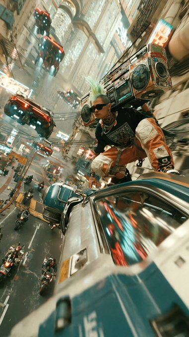 A cyberpunk-style image showing a character with green spiky hair and sunglasses riding on top of a blue car in a chaotic, futuristic city with flying vehicles.