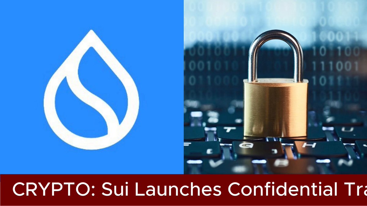 The image features a blue square logo that represents a cryptocurrency called "Crypto" with white lettering below it. Beside the Crypt logo, there is an image of a keypad with a gold lock and padlock symbol, indicating that this is related to securing transactions through a secure method or service. The caption of the image reads: "Sui Launches Confidential Transfers in Public Beta Sui Network ( @SuiNetwork )". This suggests that there has been an internal beta release for the Crypt cryptocurrency where users can try out the security feature, with focus on the keys and balances being kept private while sender and receiver addresses are visible.