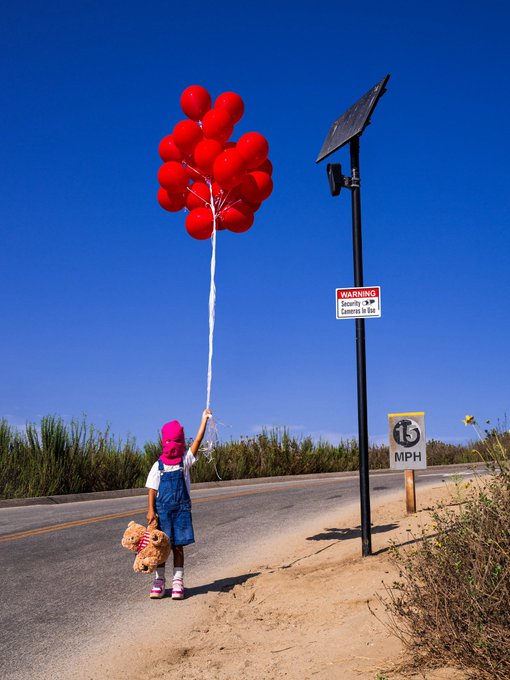 A child in a pink hat and blue overalls stands on a curb holding a bunch of red balloons and a teddy bear, next to a road with a warning sign reading 'WARNING Security Cameras in Use' and a '15 MPH' speed limit sign.