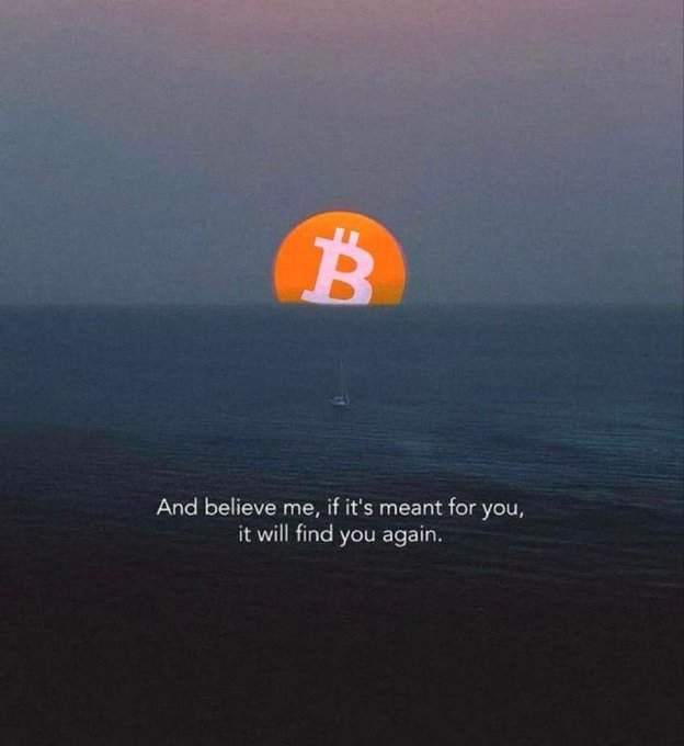 An orange Bitcoin symbol setting over a dark ocean horizon with the text 'And believe me, if it's meant for you, it will find you again.'