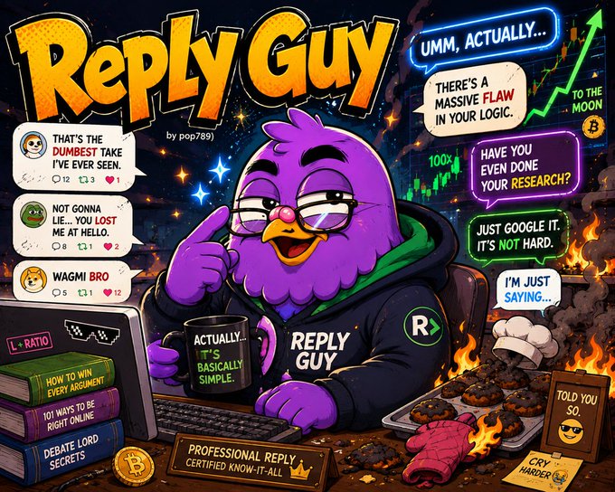 A colorful, meme-style digital illustration titled 'Reply Guy' by pop789, featuring a purple bird character at a computer surrounded by speech bubbles with internet slang and a stock chart trending upward.