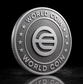 This image showcases a silver coin emblazoned with "WORLD COIN" and a stylized "€" symbol, directly representing the Worldcoin cryptocurrency mentioned in the post. The coin's design, featuring circuitry patterns, aligns with the technological nature of the project.