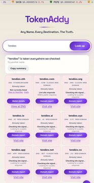 Screenshot of the TokenAddy website showing a search for 'tendes' with results for various .eth, .com, and .org domains, displaying a 0% market sentiment indicator at the top.