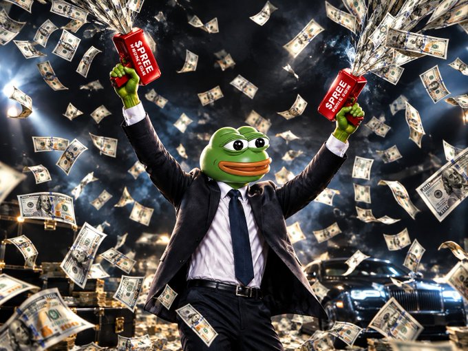 A Pepe the Frog mascot in a sharp business suit triumphantly holds up two red boxes labeled "SPREE SPRAY CASH" as dollar bills rain down around him, with luxury cars gleaming in the background—imagery that visually reinforces the post's claim that $PEPE stands above typical dog-themed meme coins, projecting wealth and superiority instead.