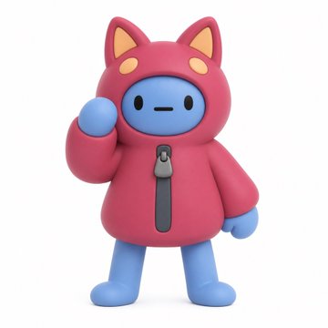 A pink and blue cartoon figure wearing a hooded outfit with cat ears, resembling a stylized character figurine.